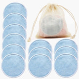 12 reusable cotton makeup remover pads in blue with a storage bag, ideal for eco-friendly skincare routines.