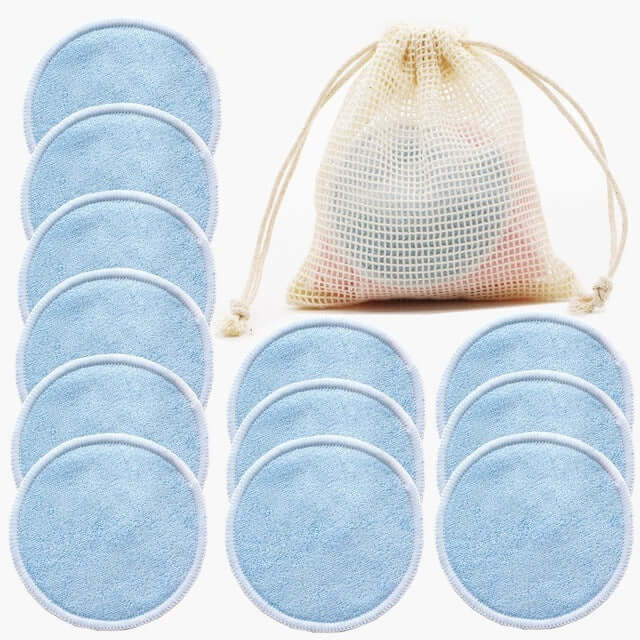 12 reusable cotton makeup remover pads in blue with a storage bag, ideal for eco-friendly skincare routines.