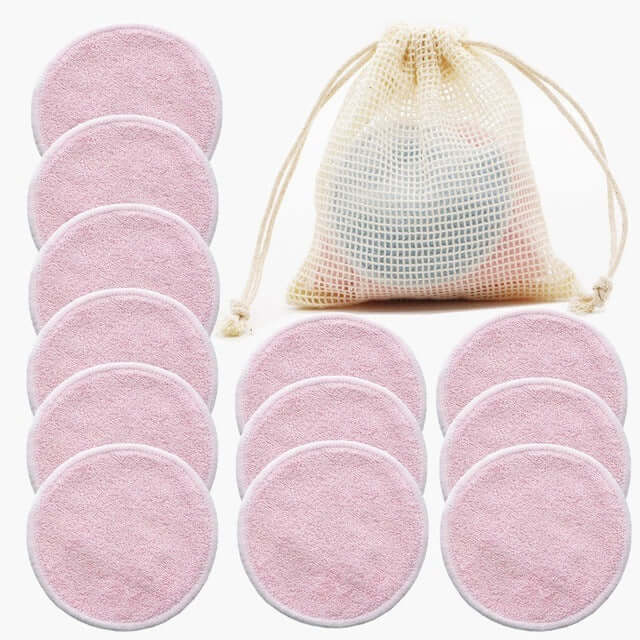 12PC reusable pink cotton makeup remover pads with a storage bag for eco-friendly beauty routines.