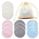 12PC reusable cotton makeup remover pads in assorted colors with a storage bag for easy organization.