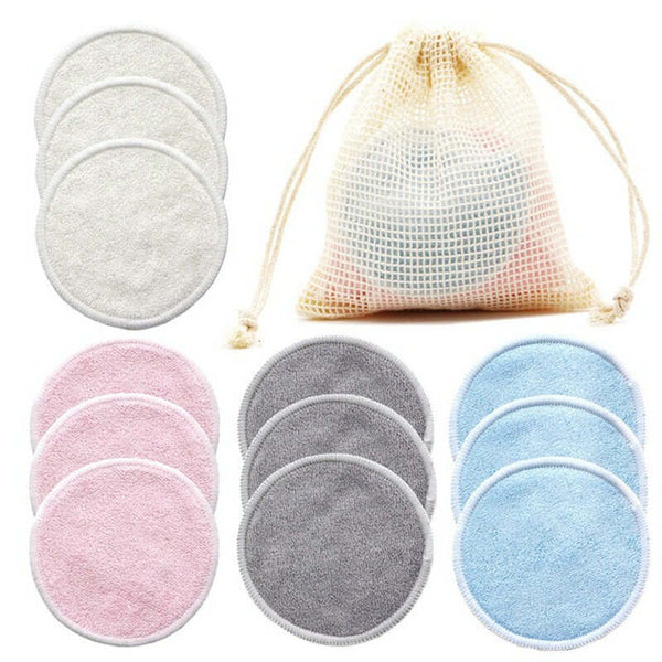 12PC reusable cotton makeup remover pads in assorted colors with a storage bag for easy organization.