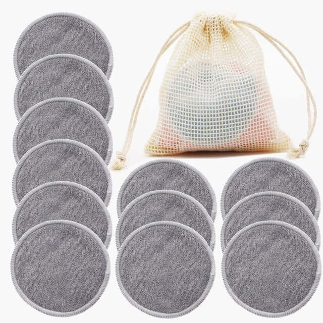 12PC reusable cotton makeup remover pads in gray with a storage bag for eco-friendly skincare.