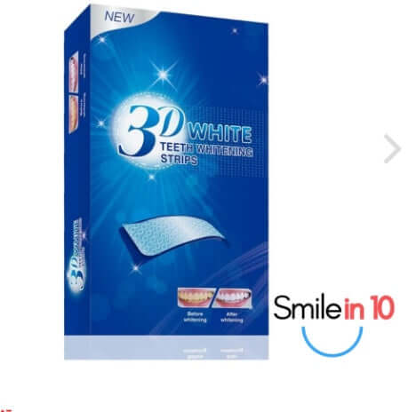 3D White teeth whitening strips box featuring before and after images, highlighting effective teeth whitening results.