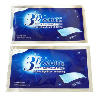 3D White teeth whitening strips in packaging, promoting significant whitening in 3 days, with mint flavor and enamel safe formula.