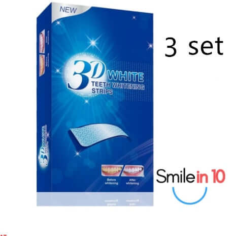 3D White Teeth Whitening Strips packaging showing before and after results, available in a set of three.