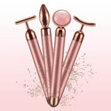 4 in 1 Vibrating Rose Quartz Face Roller set featuring multiple massage heads for skin tightening and rejuvenation.
