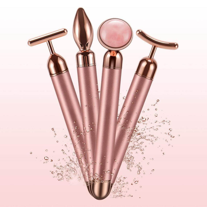 4 in 1 Vibrating Rose Quartz Face Roller set featuring multiple massage heads for skin tightening and rejuvenation.