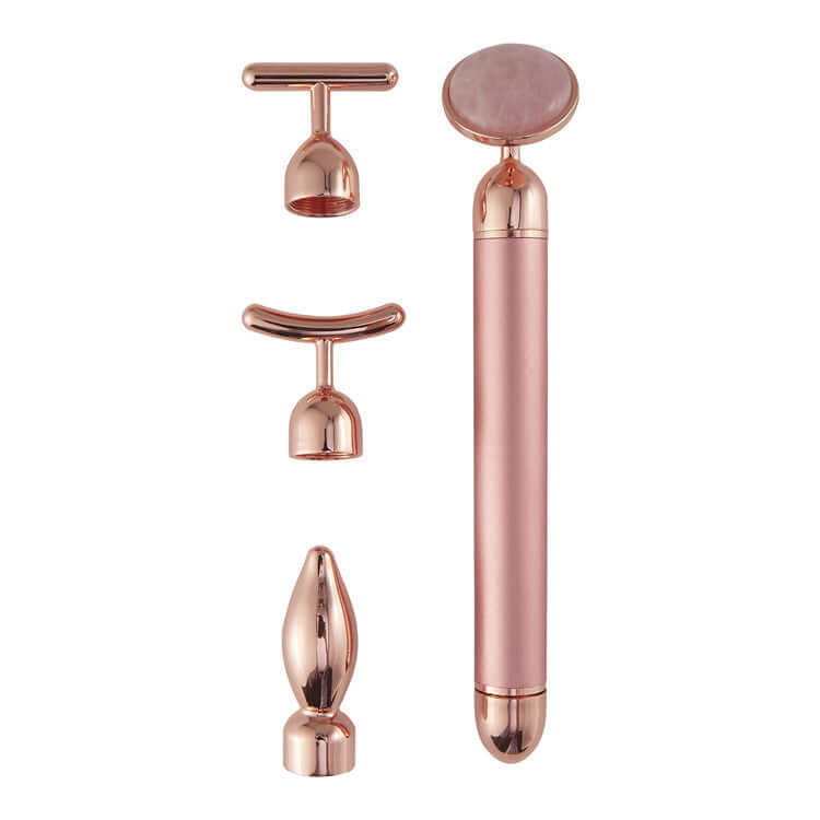 4 in 1 Vibrating Rose Quartz Face Roller set with different massage heads for skin tightening and rejuvenation.