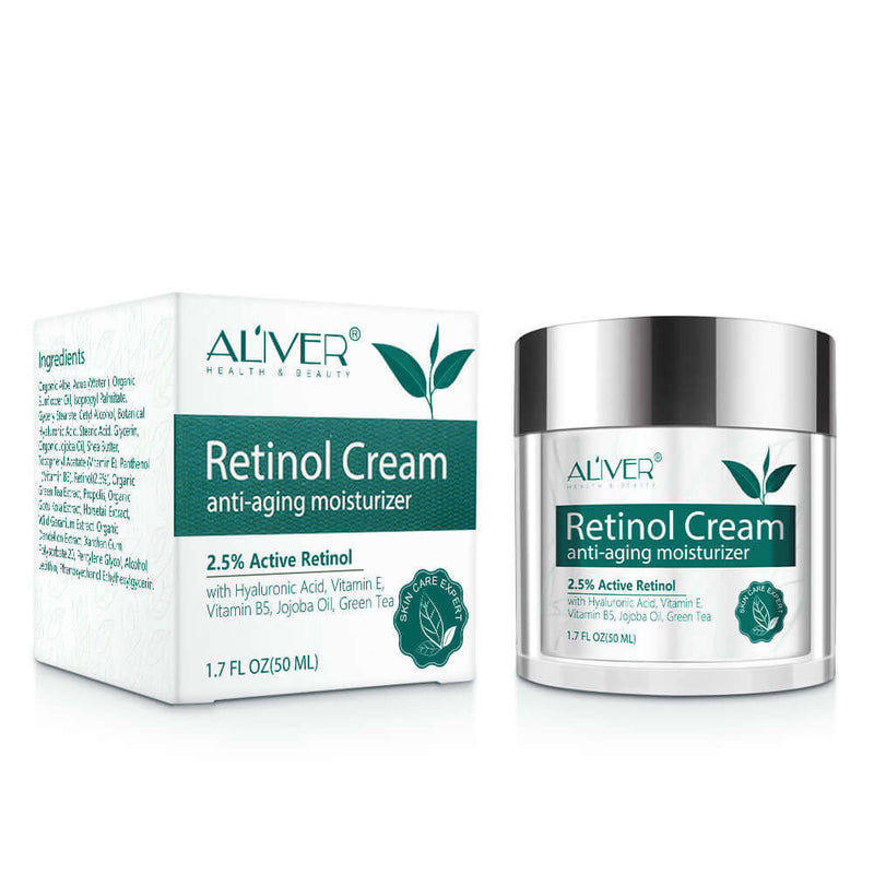 Retinol Cream by Aliver, 2.5% active retinol, anti-aging moisturizer in jar and box, suitable for all skin types.