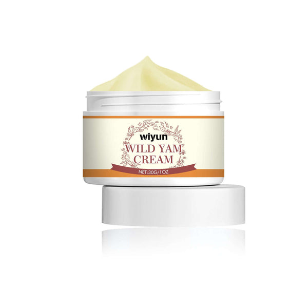 Anti-aging wild yam face cream in a jar, featuring a creamy texture and enriched with natural ingredients.