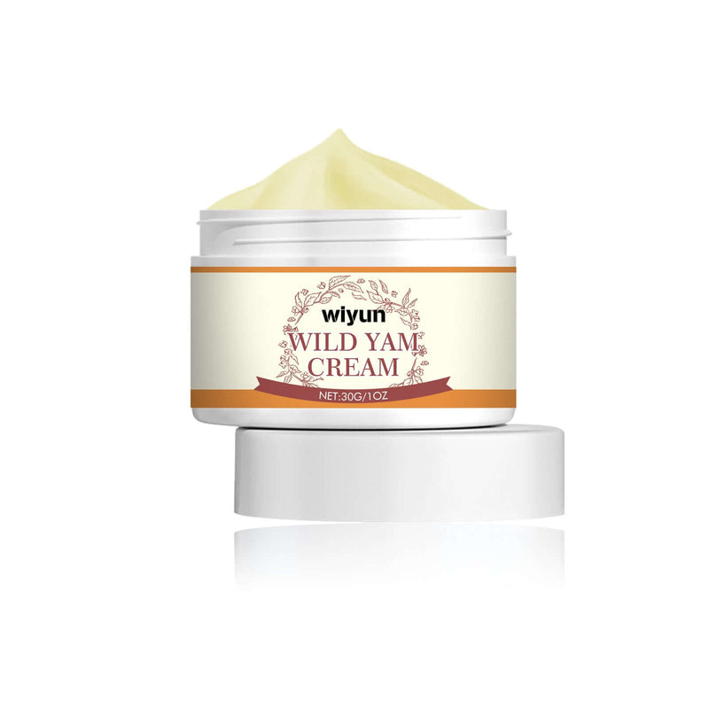 Wild yam anti-aging face cream in jar, enriched with natural ingredients for youthful skin, 30g size.
