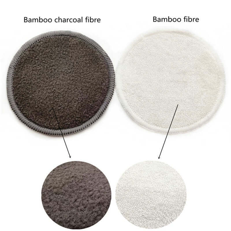 Two types of reusable cotton pads: bamboo charcoal fiber and bamboo fiber, round shape, eco-friendly makeup remover.