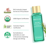 Breylee Tea Tree Acne Facial Toner with organic certifications and no harmful pesticides, suitable for all skin types.