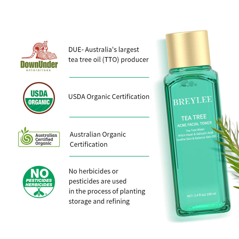Breylee Tea Tree Acne Facial Toner with organic certifications and no harmful pesticides, suitable for all skin types.