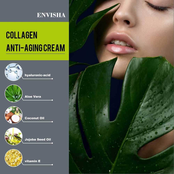 Collagen Anti-Aging Cream with hyaluronic acid, aloe vera, and vitamin E for moisturizing and hydrating skin.
