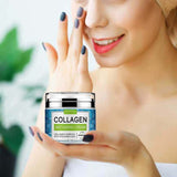Woman applying collagen anti-aging cream to her face, promoting youthful skin with hyaluronic acid.