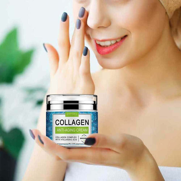 Woman applying collagen anti-aging cream to her face, promoting youthful skin with hyaluronic acid.