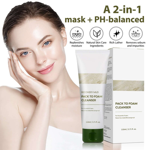 Deep Cleansing Facial Pore Moisturizing Facial Cleanser in a tube with woman showing clean skin, 110ml size, 2-in-1 mask.