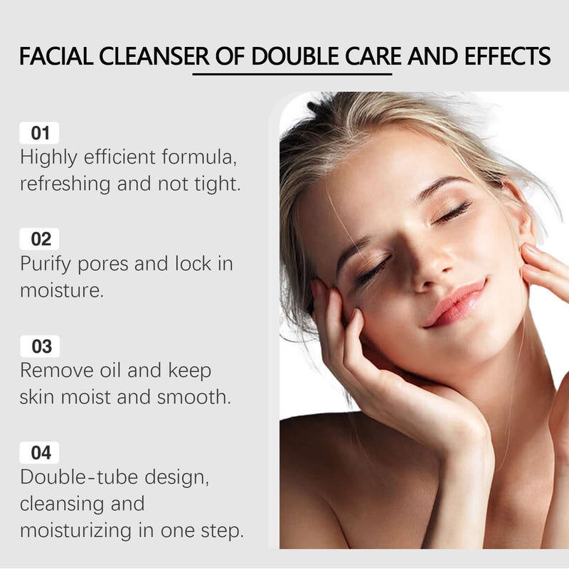 Facial cleanser showing double care and effects, purifying pores, locking moisture, and removing oil for smooth skin.