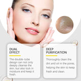Model showcasing moisturizing facial cleanser benefits with text detailing dual effect and deep purification.