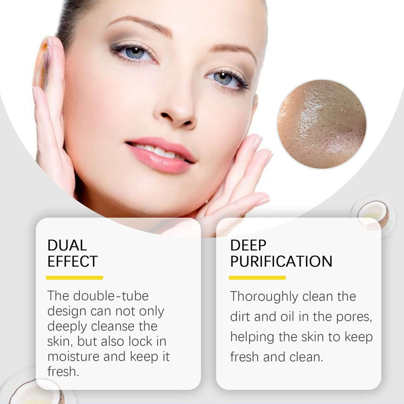 Model showcasing moisturizing facial cleanser benefits with text detailing dual effect and deep purification.