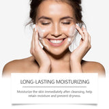 Woman applying double cleansing moisturizing facial cleanser, highlighting long-lasting hydration benefits.