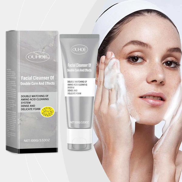 OUHOE Facial Cleanser with dense foam, shown on a woman washing her face, promoting skincare benefits.