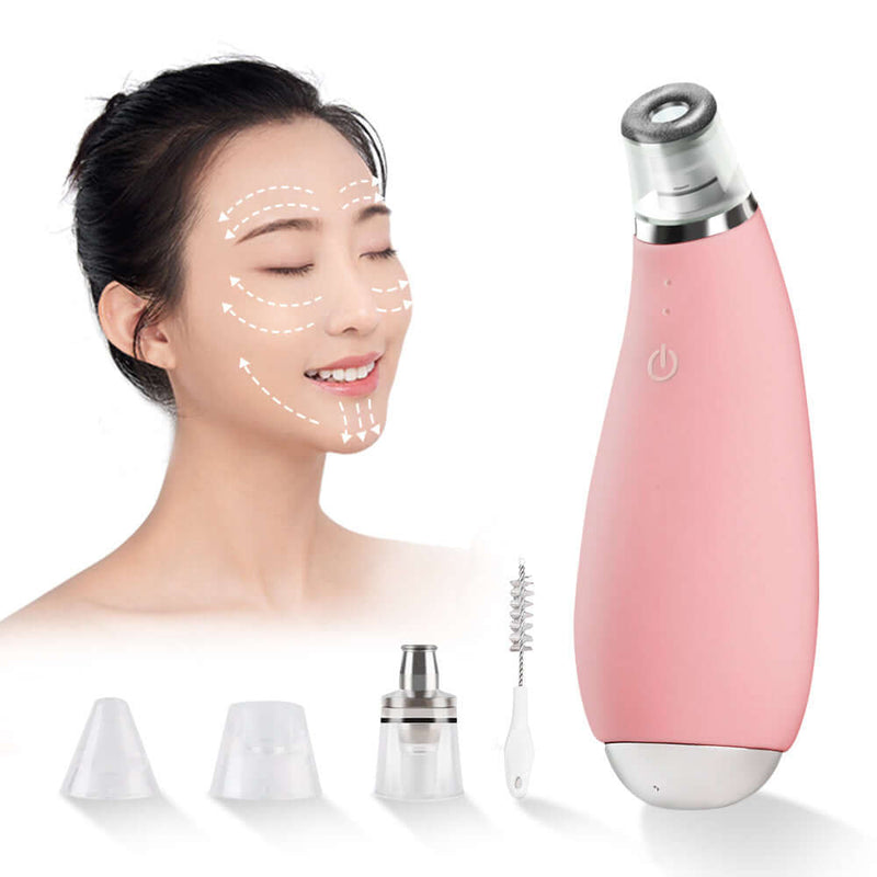 Electric facial cleanser with diamond tip, showing usage on face, includes multiple accessories for exfoliating pores.