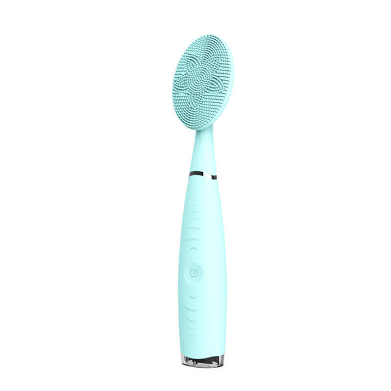 Portable electric facial cleansing brush in mint color, featuring silicone bristles and ergonomic design for gentle skin care.