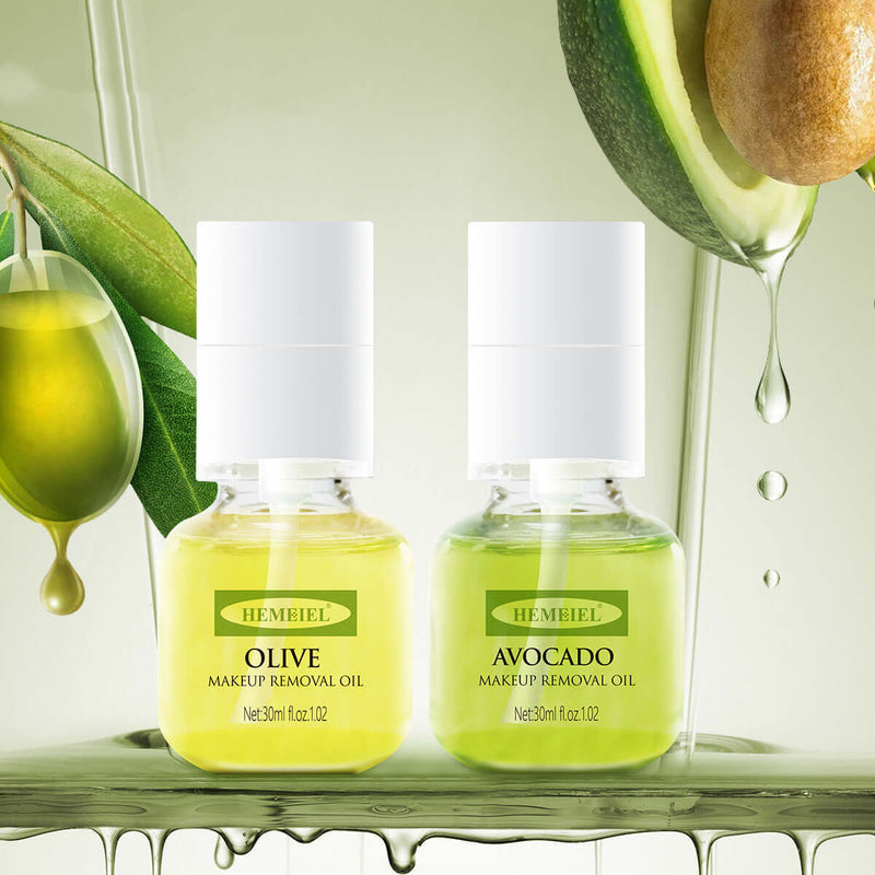 HEMEIEL Olive and Avocado Makeup Removal Oil, 30ml bottles on a natural backdrop for effective facial cleansing.