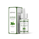 Tea Tree Acne Removal Serum by JoyPretty in a bottle with box packaging, 30ml for fading acne marks and shrinking pores.