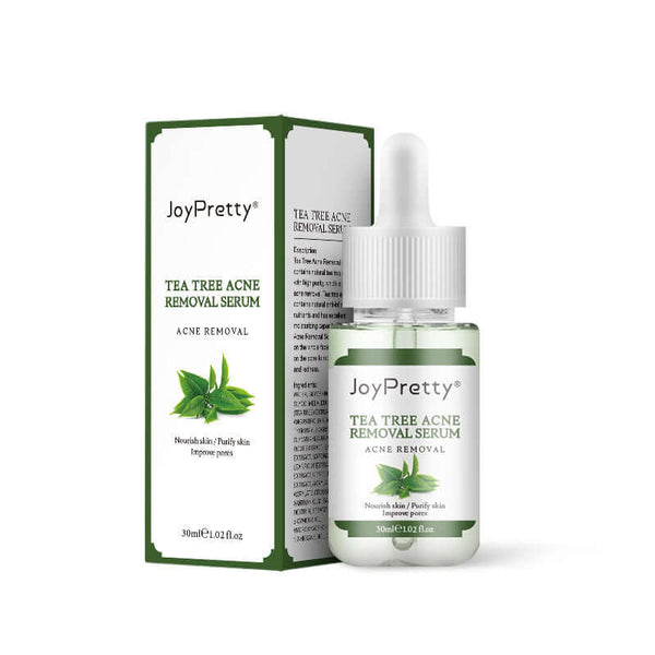 Tea Tree Acne Removal Serum by JoyPretty in a bottle with box packaging, 30ml for fading acne marks and shrinking pores.
