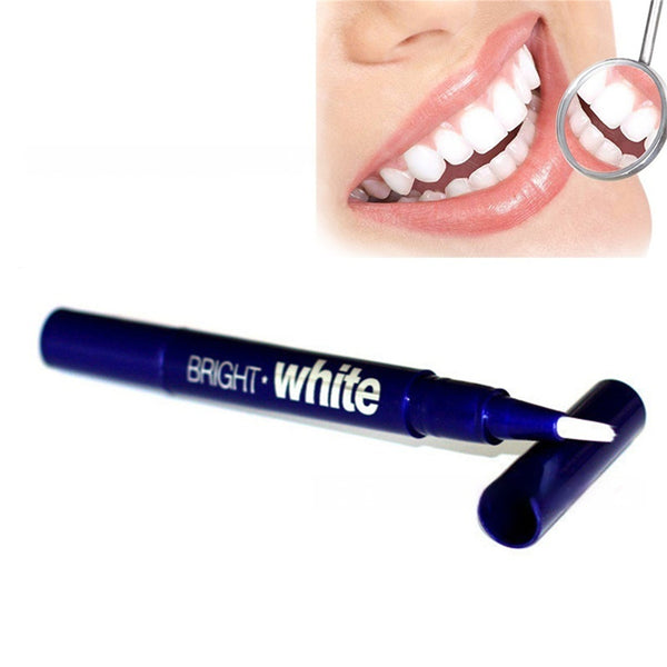 Gel teeth whitening pen with bright white formula and clean teeth in background, ideal for adults.