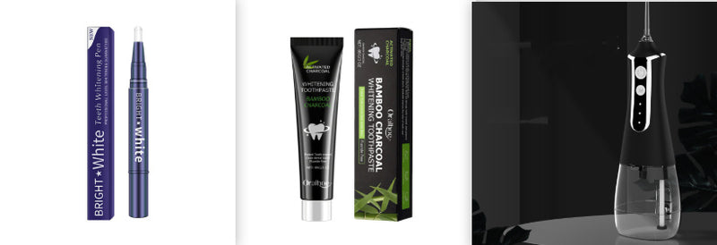Gel teeth whitening pen, whitening toothpaste, and dental care device for brightening smiles.