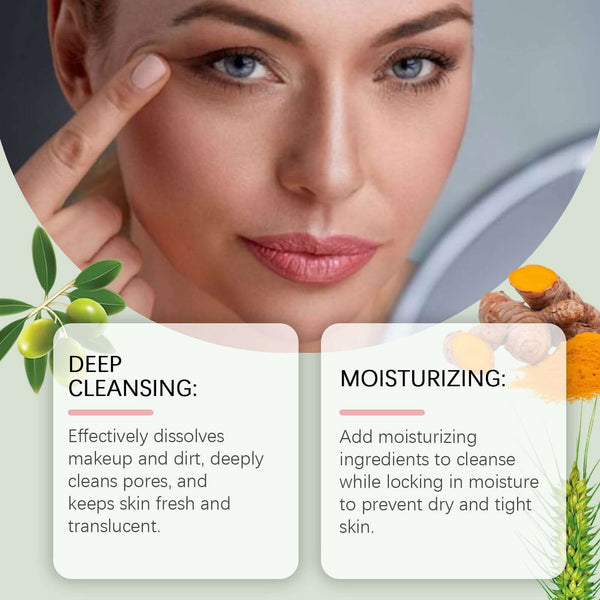 Woman demonstrating deep cleansing and moisturizing benefits of a gentle cleansing oil, featuring skincare ingredients.
