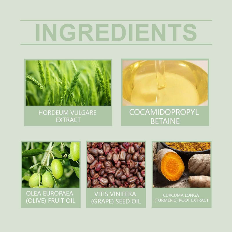 Ingredients of Gentle Cleansing Oil: wheat extract, olive oil, grape seed oil, turmeric extract, and cocamidopropyl betaine.