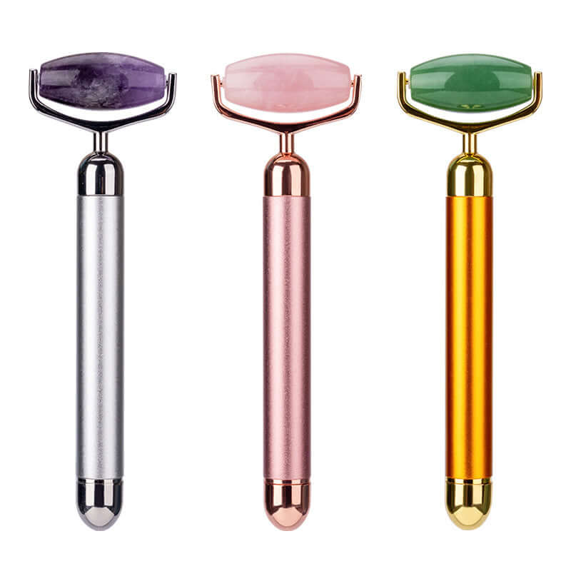 Electric jade rollers in silver, rose gold, and golden for facial beauty and massage. Battery-operated for easy use.