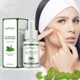 JoyPretty Tea Tree Acne Removal Serum in liquid form, effective for fading acne marks, with a woman applying it to her skin.