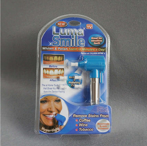 Luma Smile teeth whitening machine packaging, showcasing before-and-after stain removal results for coffee, wine, and tobacco.