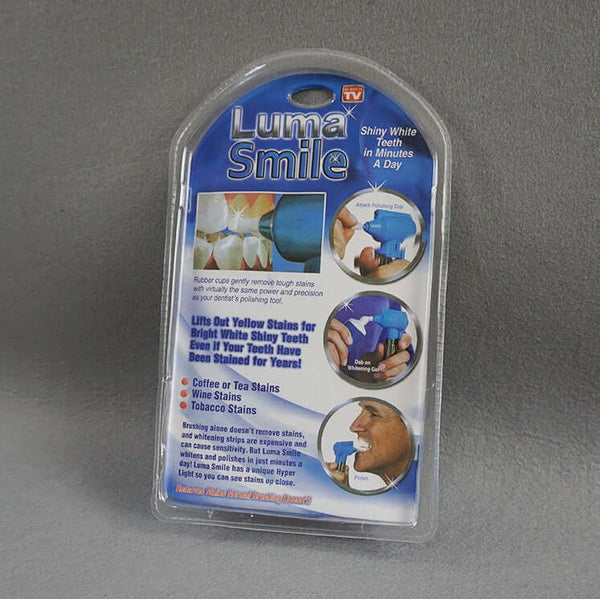 Luma Smile Teeth Whitening Machine packaging showing features for stain removal from coffee, tea, and tobacco.