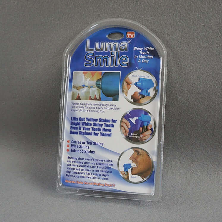 Luma Smile Teeth Whitening Machine packaging showing features for stain removal from coffee, tea, and tobacco.