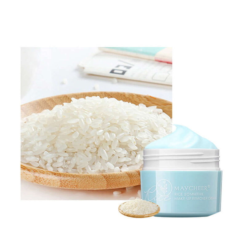 Meiqianer Gentle Makeup Remover Cream with rice, promoting deep cleansing and moisturizing for all skin types.
