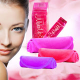 Microfiber water makeup remover towels in pink and purple, soft, reusable, no oil needed for effective makeup removal.