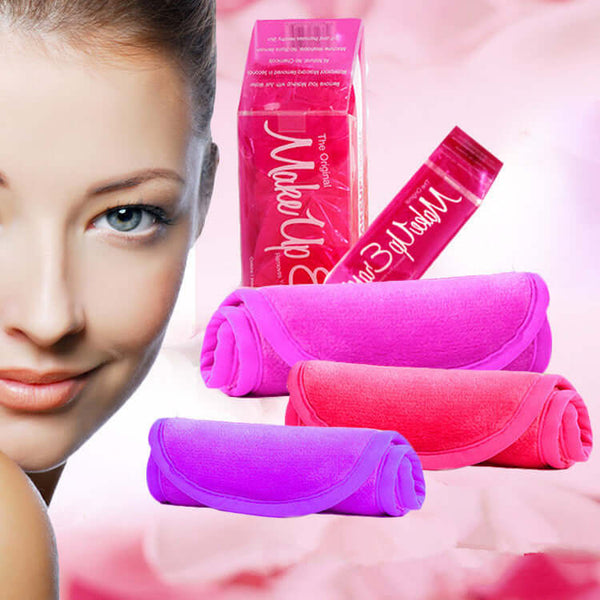 Microfiber water makeup remover towels in pink and purple, soft, reusable, no oil needed for effective makeup removal.