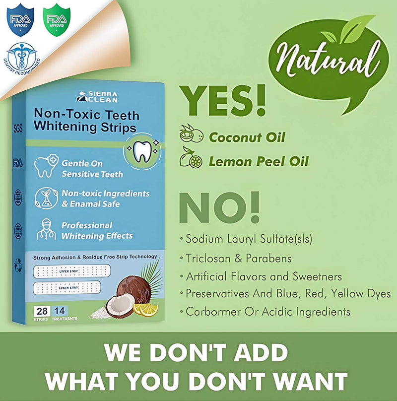 Natural non-toxic teeth whitening strips with coconut oil and lemon peel oil, safe for sensitive teeth.