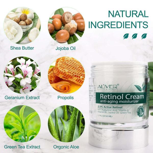 Retinol Cream with natural ingredients: Shea Butter, Jojoba Oil, Geranium, Propolis, Green Tea, Organic Aloe. Anti-aging effects.