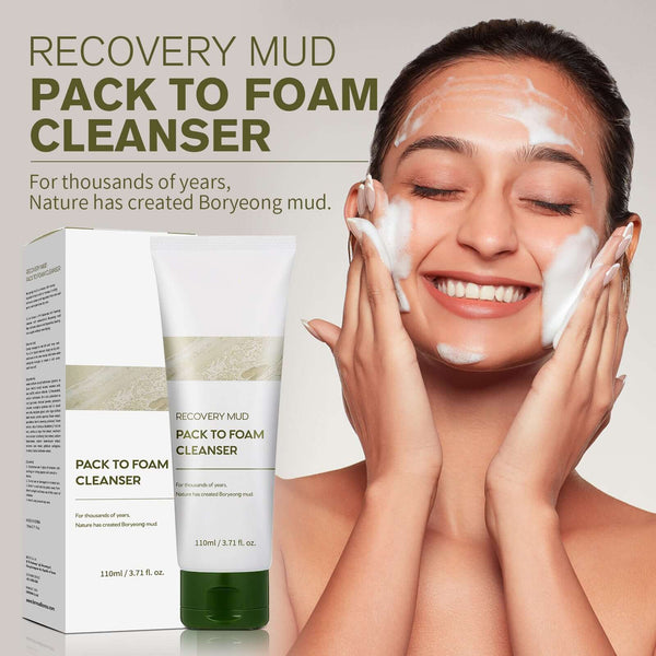 Recovery Mud Pack to Foam Cleanser 110ml with smiling woman applying product, gentle facial cleansing for healthy skin.