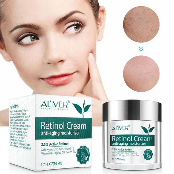 Retinol cream packaging with lightweight moisturizer, suitable for all skin types, showcasing anti-aging benefits.