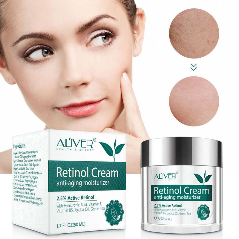 Retinol cream packaging with lightweight moisturizer, suitable for all skin types, showcasing anti-aging benefits.