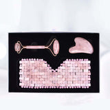 Rose Quartz Eye Mask Massager set featuring facial lift roller and wand, perfect for skincare routine and relaxation.